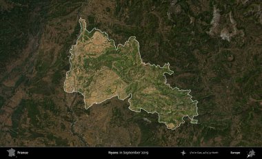 Nyons. Fransa 'nın idari alanı, Eylül 2019' da çekilen Kopernik Nöbetçi karolarından oluşan koyu renkli bir uydu görüntüsü üzerinde vurgulandı ve özetlendi.