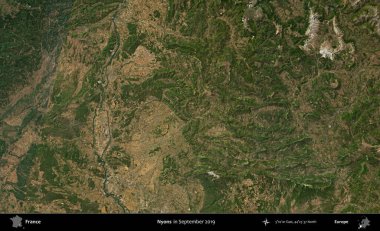 Nyons. Eylül 2019 'da Copernicus Sentinel karolarından oluşan bir uydu görüntüsü üzerine Fransa' nın idari bölgesi