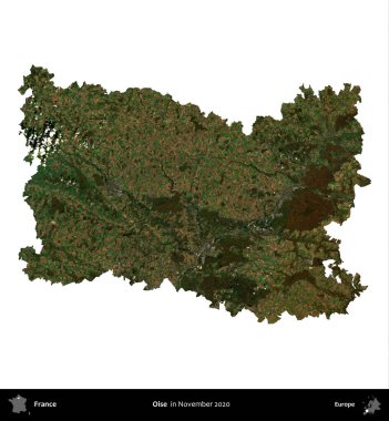 Oise. Fransa 'nın idari bölgesi, Kasım 2020' de çekilen Kopernik Nöbetçi karolarından oluşan bir uydu görüntüsü üzerinde beyaza izole edildi.