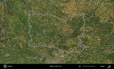 Oise. Copernicus Sentinel 'in Nisan 2021' de çekilen uydu görüntüsünde Fransa 'nın idari bölgesinin ana hatları belirlendi.