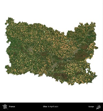 Oise. Fransa 'nın idari bölgesi, Nisan 2021' de çekilen Kopernik Nöbetçi karolarından oluşan bir uydu görüntüsü ile beyaza izole edildi.