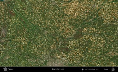 Oise. Copernicus Sentinel 'in Nisan 2021' de çekilmiş uydu görüntüsü üzerine Fransa 'nın idari bölgesi.