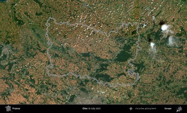 Oise. Copernicus Sentinel 'in Temmuz 2021' de çekilen uydu görüntüsünde Fransa 'nın idari bölgesinin ana hatları belirlendi.