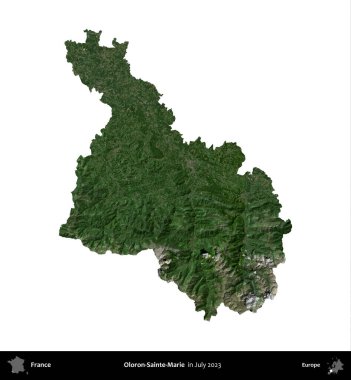 Oloron-Sainte-Marie. Fransa 'nın idari bölgesi, Temmuz 2023' te çekilen Kopernik Nöbetçi karolarından oluşan uydu görüntüsüyle beyaza izole edildi.