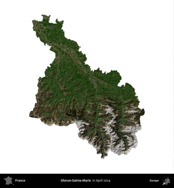 Oloron-Sainte-Marie. Fransa 'nın idari bölgesi, Nisan 2024' te çekilen Kopernik Nöbetçi karolarından oluşan bir uydu görüntüsü ile beyaza izole edildi.