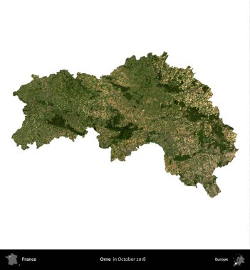Orne. Fransa 'nın idari bölgesi, Ekim 2018' de çekilen Kopernik Nöbetçi karolarından oluşan uydu görüntüsüyle beyaza izole edildi.