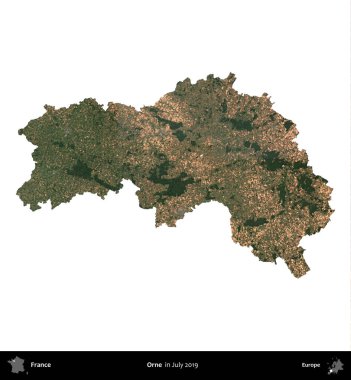 Orne. Fransa 'nın idari bölgesi, Temmuz 2019' da çekilen Kopernik Nöbetçi karolarından oluşan uydu görüntüsüyle beyaza izole edildi.