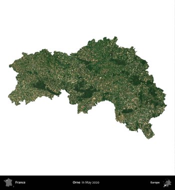 Orne. Fransa 'nın idari bölgesi, Mayıs 2020' de çekilen Kopernik Nöbetçi karolarından oluşan bir uydu görüntüsüyle beyaza izole edildi.