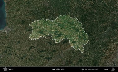 Orne. Fransa 'nın idari alanı, Mayıs 2020' de çekilen Kopernik Nöbetçi karolarından oluşan koyu renkli bir uydu görüntüsü üzerinde vurgulandı ve özetlendi.