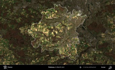 Palaiseau 'da. Fransa 'nın idari alanı, Mart 2021' de çekilen Kopernik Sentinel karolarından oluşan koyu renkli bir uydu görüntüsü üzerinde vurgulandı ve özetlendi.