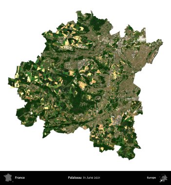 Palaiseau 'da. Fransa 'nın idari bölgesi, Haziran 2021' de çekilen Kopernik Nöbetçi karolarından oluşan bir uydu görüntüsüyle beyaza izole edildi.