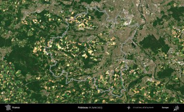 Palaiseau 'da. Haziran 2023 'te çekilen Copernicus Sentinel karolarından oluşan bir uydu görüntüsünde Fransa' nın idari bölgesinin ana hatları belirlendi.