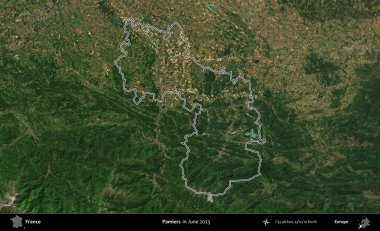 Pamiers. Haziran 2023 'te çekilen Copernicus Sentinel karolarından oluşan bir uydu görüntüsünde Fransa' nın idari bölgesinin ana hatları belirlendi.