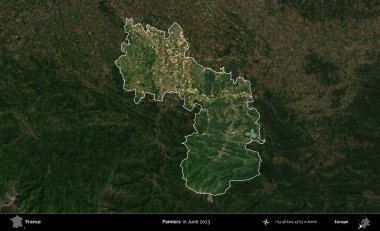 Pamiers. Fransa 'nın idari alanı, Haziran 2023' te çekilen Kopernik Nöbetçi karolarından oluşan koyu renkli bir uydu görüntüsüyle vurgulandı ve özetlendi.