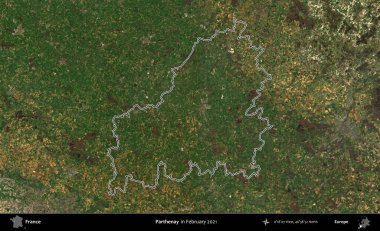 Parthenay. Copernicus Sentinel 'in Şubat 2021' de çekilen uydu görüntüsünde Fransa 'nın idari bölgesinin ana hatları belirlendi.