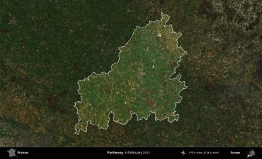 Parthenay. Fransa 'nın idari alanı, Şubat 2021' de çekilen Kopernik Sentinel karolarından oluşan koyu renkli bir uydu görüntüsü üzerinde vurgulandı ve özetlendi.