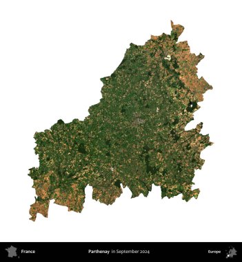 Parthenay. Fransa 'nın idari bölgesi, Eylül 2024' te çekilen Kopernik Nöbetçi karolarından oluşan uydu görüntüsüyle beyaza izole edildi.