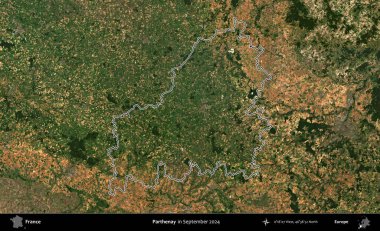 Parthenay. Eylül 2024 'te çekilen Copernicus Sentinel karolarından oluşan bir uydu görüntüsünde Fransa' nın idari bölgesinin ana hatlarını çizdim.