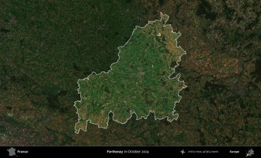 Parthenay. Fransa 'nın idari alanı, Ekim 2024' te çekilen Kopernik Nöbetçi karolarından oluşan koyu renkli bir uydu görüntüsü üzerinde vurgulandı ve özetlendi.