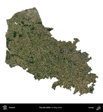 Pas-de-Calais. Fransa 'nın idari bölgesi, Mayıs 2020' de çekilen Kopernik Nöbetçi karolarından oluşan bir uydu görüntüsüyle beyaza izole edildi.