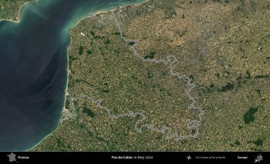 Pas-de-Calais. Mayıs 2020 'de çekilen Copernicus Sentinel karolarından oluşan bir uydu görüntüsünde Fransa' nın idari bölgesinin ana hatları belirlendi.