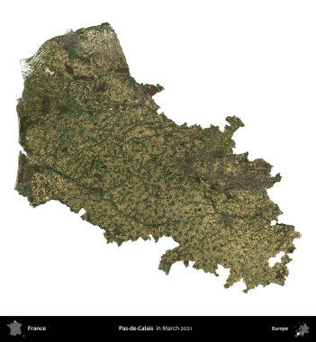 Pas-de-Calais. Fransa 'nın idari bölgesi, Mart 2021' de çekilen Kopernik Nöbetçi karolarından oluşan bir uydu görüntüsüyle beyaza izole edildi.