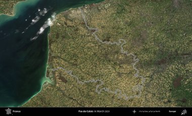 Pas-de-Calais. Mart 2021 'de çekilen Copernicus Sentinel karolarından oluşan bir uydu görüntüsünde Fransa' nın idari bölgesinin ana hatları belirlendi.