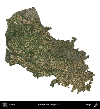 Pas-de-Calais. Fransa 'nın idari bölgesi, Nisan 2021' de çekilen Kopernik Nöbetçi karolarından oluşan bir uydu görüntüsü ile beyaza izole edildi.