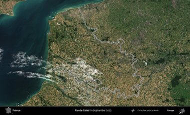 Pas-de-Calais. Eylül 2023 'te çekilen Copernicus Sentinel karolarından oluşan bir uydu görüntüsünde Fransa' nın idari bölgesinin ana hatlarını çizdim.