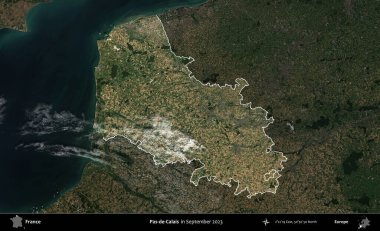 Pas-de-Calais. Fransa 'nın idari alanı, Eylül 2023' te çekilen Kopernik Nöbetçi karolarından oluşan koyu renkli bir uydu görüntüsü üzerinde vurgulandı ve özetlendi.