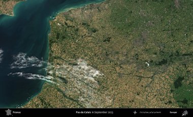 Pas-de-Calais. Copernicus Sentinel 'in Eylül 2023' te çekilmiş uydu görüntüsü üzerine Fransa 'nın idari bölgesi.