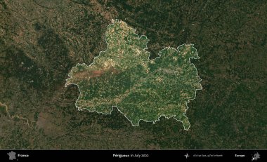 Perigueux. Fransa 'nın idari alanı, Temmuz 2022' de çekilen Kopernik Nöbetçi karolarından oluşan koyu renkli bir uydu görüntüsüyle vurgulandı ve özetlendi.