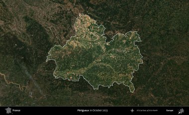 Perigueux. Fransa 'nın idari alanı, Ekim 2023' te çekilen Kopernik Nöbetçi karolarından oluşan koyu renkli bir uydu görüntüsü üzerinde vurgulandı ve özetlendi.