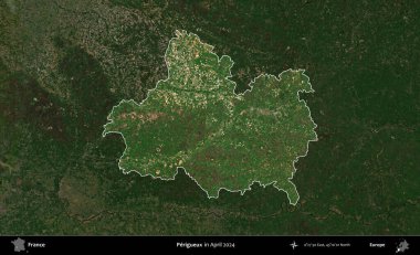 Perigueux. Fransa 'nın idari alanı, Nisan 2024' te çekilen Kopernik Nöbetçi karolarından oluşan koyu renkli bir uydu görüntüsü üzerinde vurgulandı ve özetlendi.