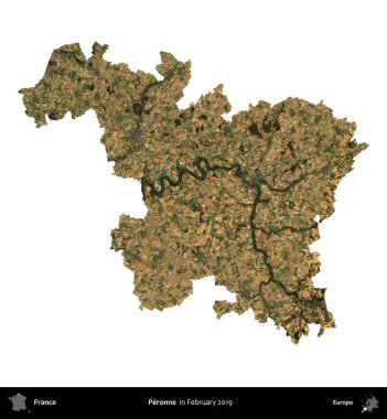 Peronne. Fransa 'nın idari bölgesi, Şubat 2019' da çekilen Kopernik Nöbetçi karolarından oluşan uydu görüntüsüyle beyaza izole edildi.