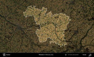 Peronne. Fransa 'nın idari alanı, Şubat 2019' da çekilen Kopernik Sentinel karolarından oluşan koyu renkli bir uydu görüntüsü üzerinde vurgulandı ve özetlendi.