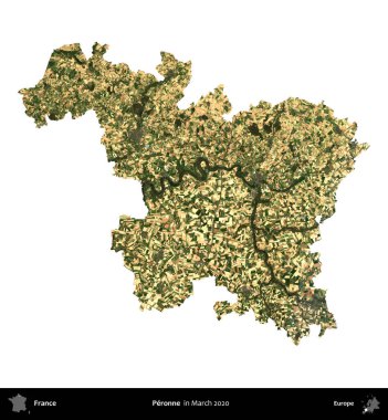 Peronne. Fransa 'nın idari bölgesi, Mart 2020' de çekilen Kopernik Nöbetçi karolarından oluşan bir uydu görüntüsüyle beyaza izole edildi.