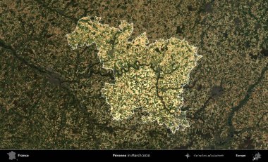 Peronne. Fransa 'nın idari alanı, Mart 2020' de çekilen Kopernik Nöbetçi karolarından oluşan koyu renkli bir uydu görüntüsü üzerinde vurgulandı ve özetlendi.