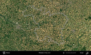Peronne. Mayıs 2020 'de çekilen Copernicus Sentinel karolarından oluşan bir uydu görüntüsünde Fransa' nın idari bölgesinin ana hatları belirlendi.