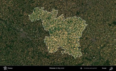 Peronne. Fransa 'nın idari alanı, Mayıs 2020' de çekilen Kopernik Nöbetçi karolarından oluşan koyu renkli bir uydu görüntüsü üzerinde vurgulandı ve özetlendi.