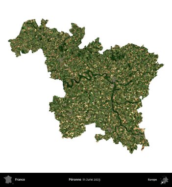 Peronne. Fransa 'nın idari bölgesi, Haziran 2023' te çekilen Kopernik Nöbetçi karolarından oluşan bir uydu görüntüsüyle beyaza izole edildi.