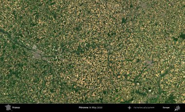 Peronne. Mayıs 2020 'de Copernicus Sentinel karolarından oluşan bir uydu görüntüsü üzerine Fransa' nın idari bölgesi