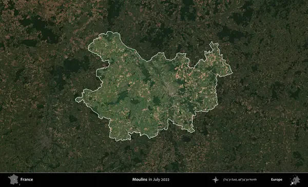 Moulin 'ler. Fransa 'nın idari alanı, Temmuz 2022' de çekilen Kopernik Nöbetçi karolarından oluşan koyu renkli bir uydu görüntüsüyle vurgulandı ve özetlendi.