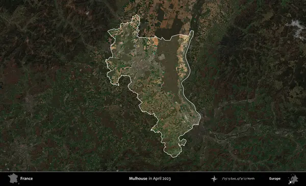 Mulhouse. Fransa 'nın idari alanı, Nisan 2023' te çekilen Kopernik Nöbetçi karolarından oluşan koyu renkli bir uydu görüntüsü üzerinde vurgulandı ve özetlendi.