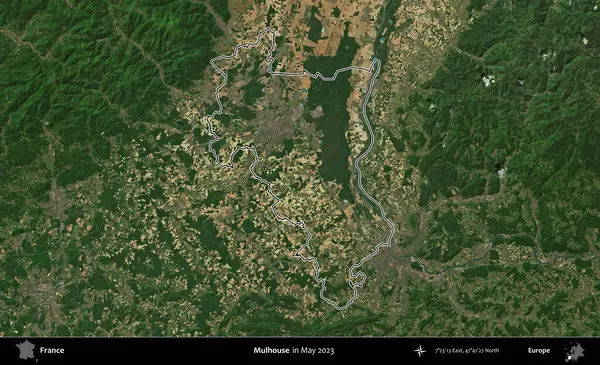 Mulhouse. Mayıs 2023 'te çekilen Copernicus Sentinel karolarından oluşan bir uydu görüntüsünde Fransa' nın idari bölgesinin ana hatları belirlendi.
