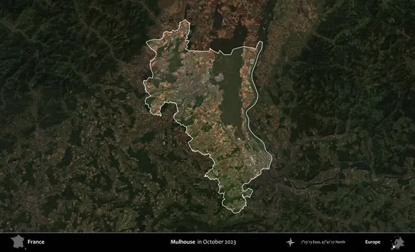 Mulhouse. Fransa 'nın idari alanı, Ekim 2023' te çekilen Kopernik Nöbetçi karolarından oluşan koyu renkli bir uydu görüntüsü üzerinde vurgulandı ve özetlendi.