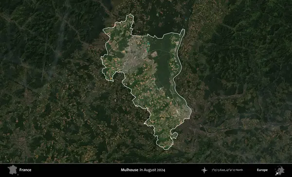 Mulhouse. Fransa 'nın idari alanı, Ağustos 2024' te çekilen Kopernik Sentinel karolarından oluşan koyu renkli bir uydu görüntüsü üzerinde vurgulandı ve özetlendi.