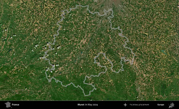 Muret. Mayıs 2024 'te çekilen Copernicus Sentinel karolarından oluşan bir uydu görüntüsünde Fransa' nın idari bölgesinin ana hatlarını çizdim.