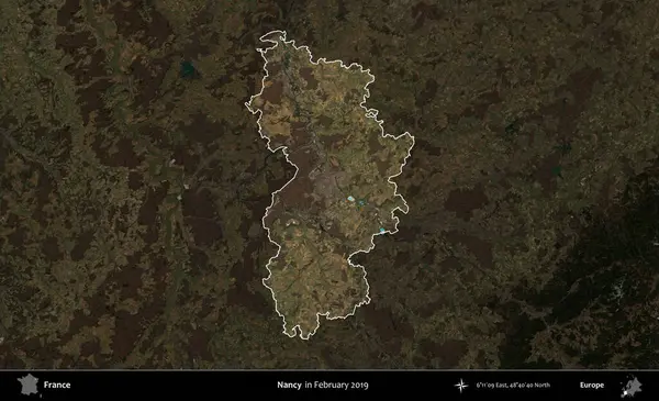 Nancy mi? Fransa 'nın idari alanı, Şubat 2019' da çekilen Kopernik Sentinel karolarından oluşan koyu renkli bir uydu görüntüsü üzerinde vurgulandı ve özetlendi.
