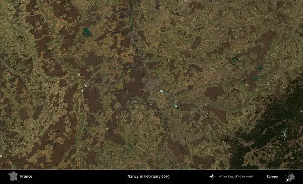 Nancy mi? Copernicus Sentinel 'in Şubat 2019' da çekilmiş uydu görüntüsü üzerine Fransa 'nın idari bölgesi